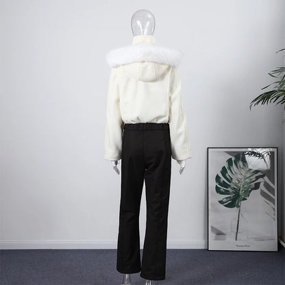 Fashion Hooded One-Piece Ski Jumpsuit Women Stand Collar Zipper High Waist Solid Windproof Outwear 2026 Winter Lady Skiwears New