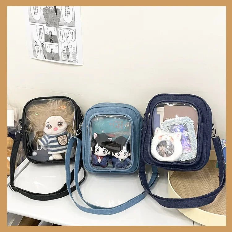 New Denim Ulzzang Ita Bags Female Transparent Badge Doll Show Crossbody Shoulder Bag Individuality Designer 2 Sides Bolso Mujer