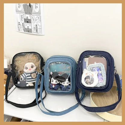 New Denim Ulzzang Ita Bags Female Transparent Badge Doll Show Crossbody Shoulder Bag Individuality Designer 2 Sides Bolso Mujer