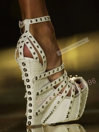 Rivet Stud Platform Sandals New Style Round Toe Buckle Straps Hollow Wedges High Heels Ladies Summer Sexy Shoes Customized Shoes