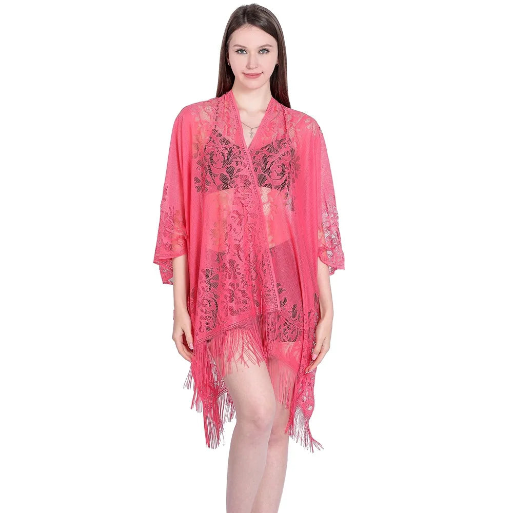 Women Sun Protection Shawl Lady Summer Hollow Out Lace Cardigan Holiday Bikini Blouse Breathable Beach Cape Sexy Long Tippet