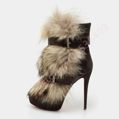 Winter Platform Belt Buckle Soft Fur Short Boots Fashion Show Party Casual Furry Boots New Sexy Women's Stiletto Warm Boots