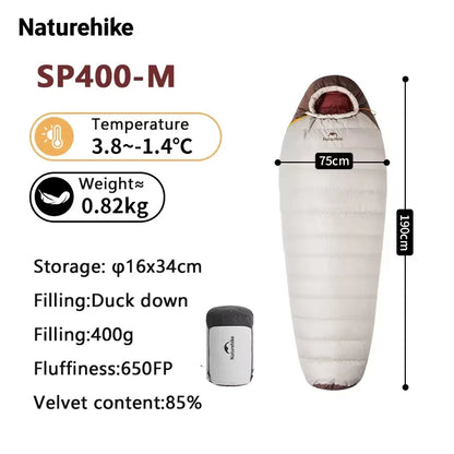 Naturehike SnowBird Down Sleeping Bag Ultralight Waterproof Mummy Sleeping Bag Winter Duck Down Sleeping Bag SP400 SP700 SP1000