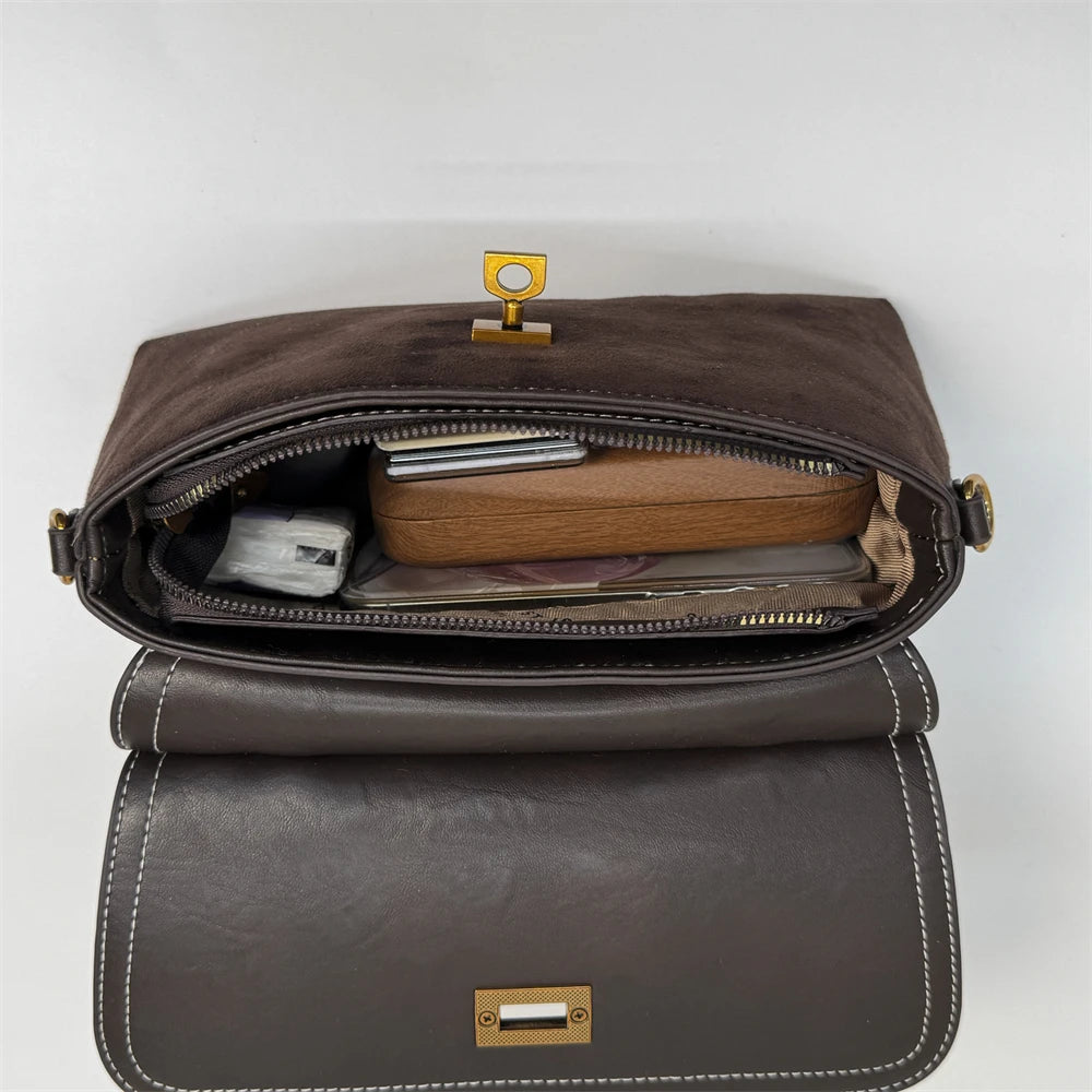 High Quality Retro Top-handle Bags For Women 2025 Winter New Designer Handbags Luxury Flap Shape PU Suede Shoulder Crossbody Bag