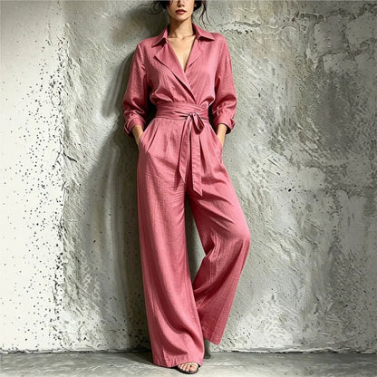 Fashion Lapel Shirt Long Sleeve Women's Jumpsuit Autumn Slim Waist Tie Loose Wide Leg Pants Pocket Female Office Rompers 2026