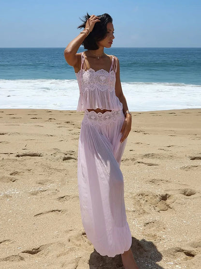 Women Pink Lace Mesh 2 Piece Outfit Straps Floral Cropped Cami High Waist Wide Leg Trousers Set Bohemian Seaside Holiday Suit