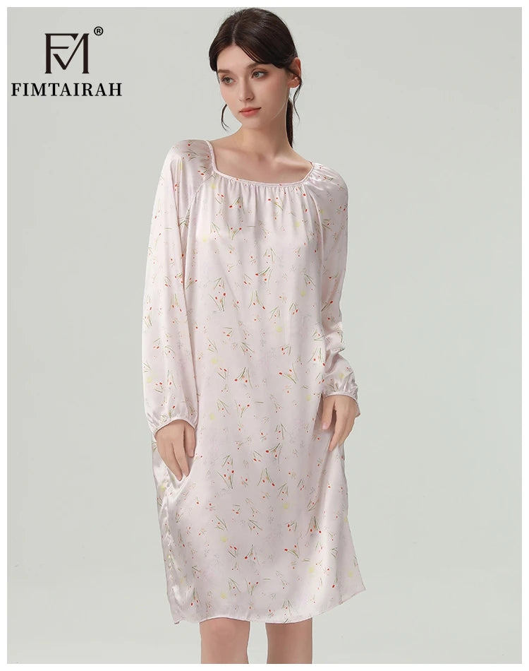 FIMTAIRAH 6A 19MM Silk Nightgown, long pajamas, long-sleeved silk high-end round-neck home wear Dress Night