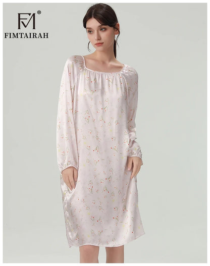 FIMTAIRAH 6A 19MM Silk Nightgown, long pajamas, long-sleeved silk high-end round-neck home wear Dress Night