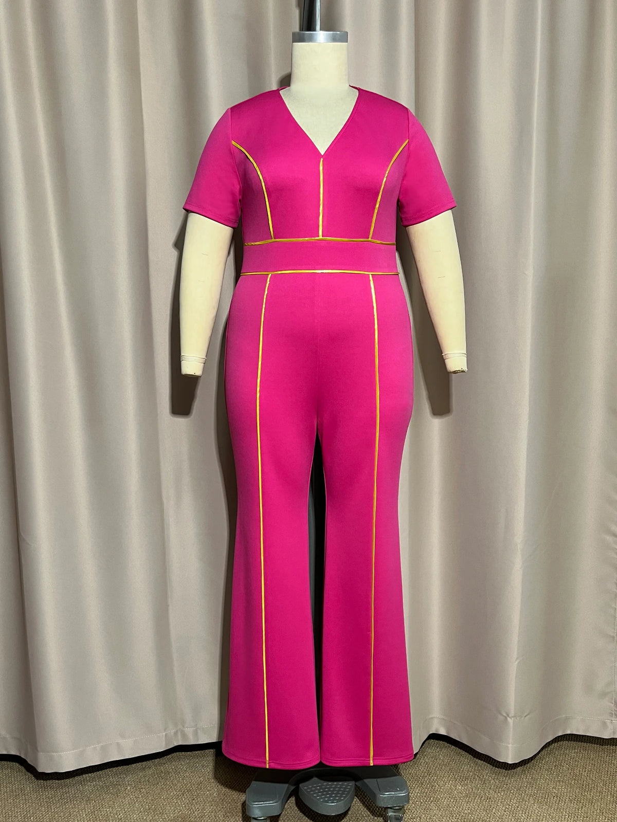 Stylish Rose Women Jumpsuit V Neck Short Sleeve Gold Piping High Waist Flare Leg Long Pants Elegant Causal Office Party Occasion