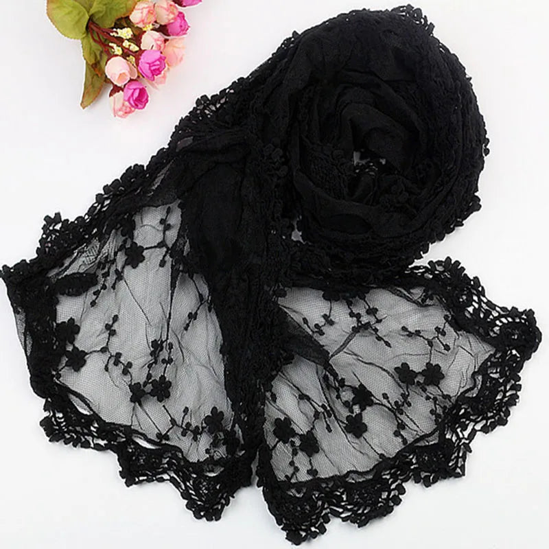 Korean Style New Women Lace Flower Scarf Autumn Lady White Black Solid Color Long Scarves Soft Shawl Foulard Female Wrap Shawls