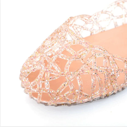 Comfortable Flat-soled Women Sandals Clear Shallow Mouth Beach Jelly Shoes Breathable Hollow Out Bling Sandals Footwear