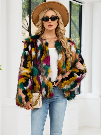 2026 Autumn Winter Color Print Faux Fur Coat Women Casual Long Sleeve Fluffy Plush Jacket O Neck Thick Fake Fur Warm Outwear