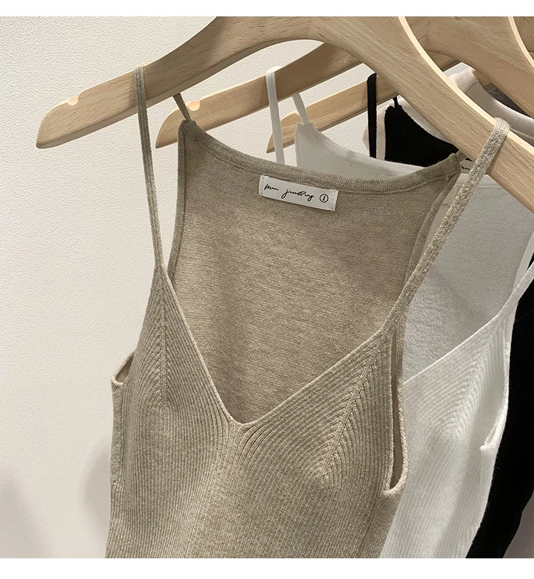 2026 Women Summer Style Sleeveless Vest Solid Color Slim Fit V Neck Knitted Top Fashionable Versatile Base Layer Knit Tank Tops