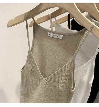 2026 Women Summer Style Sleeveless Vest Solid Color Slim Fit V Neck Knitted Top Fashionable Versatile Base Layer Knit Tank Tops