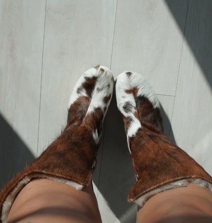Western Style Side Zip Closure Print Tall Boots Brown White Cow Knee High Boots Metal Rivets Round-Toe Height-Increasing Design