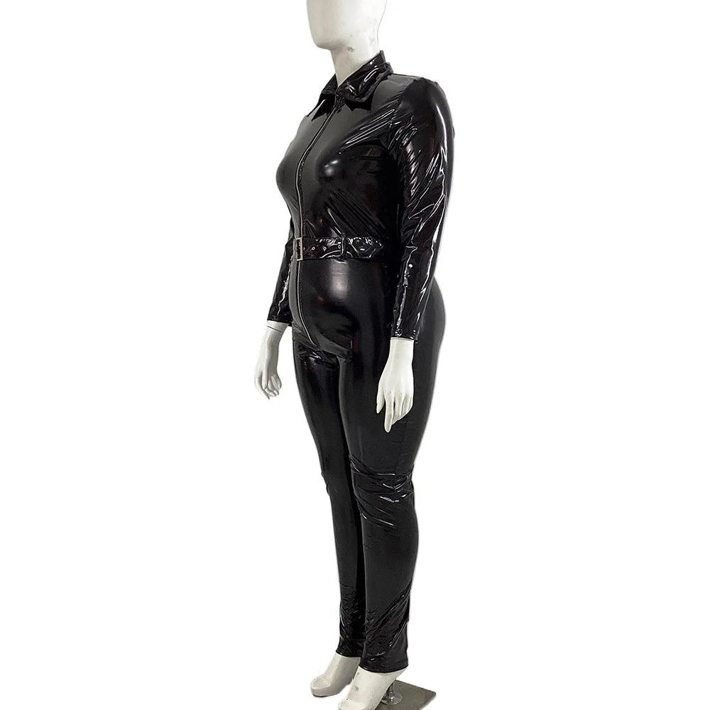 Plus Size Faux Latex Catsuit Elastic PVC Leather Zipper Long Sleeve Jumpsuit Tight Sexy Cosplay Rompers Ankle-length Club Zentai