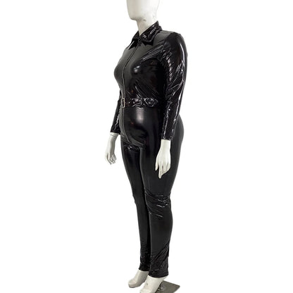 Plus Size Faux Latex Catsuit Elastic PVC Leather Zipper Long Sleeve Jumpsuit Tight Sexy Cosplay Rompers Ankle-length Club Zentai