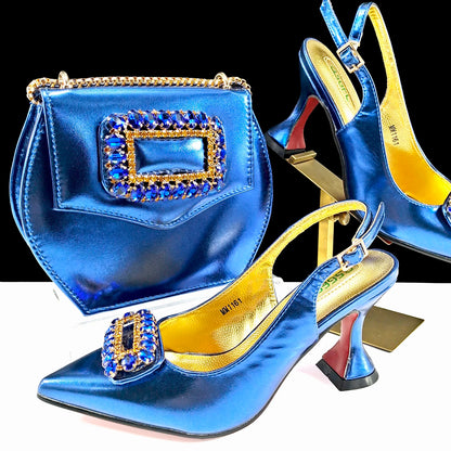 New Arrival Mature Style Purple Color Party Wedding Pointed Toe High Heel Women Shoes and Bag Set Decorated With Rhinestoe