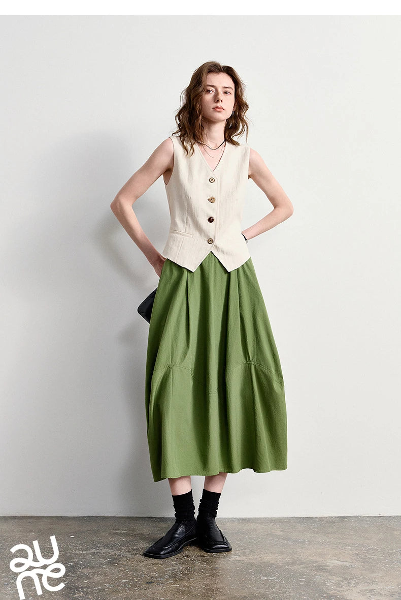 TOYOUTH Women's A-Line Bud Skirt 2026 Summer New Split Detail Retro Puff Midi Skirt, Lightweight Outdoor Wear