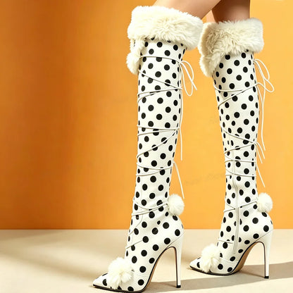 White Polka Dots Fur Boots Women Shoes Over the Knee Thin Heel  Style Stilettos Dress Women Fashion Shoes Zapatos Para Mujere