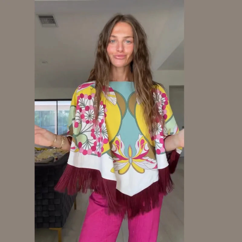 Women Art Floral Print Feather Hem Maxi Dress Short Sleeve Crew Neck Loose Fit Dresses 2026 Summer Fashion Elegant Lady Outwear