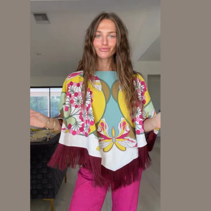Women Art Floral Print Feather Hem Maxi Dress Short Sleeve Crew Neck Loose Fit Dresses 2026 Summer Fashion Elegant Lady Outwear