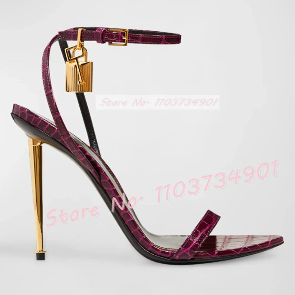 Metal Heel Lock Metallic Leather Sandals Female Luxury Open Toe Stiletto High Heels Shoes Lady Elegant Party Ankle Strap Sandals