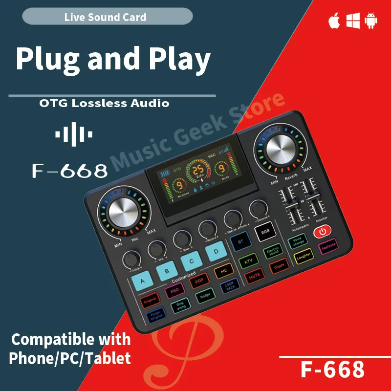 F-668 Audio Mixer Live Sound Card – Folding Digital Sound Board with Voice Changer & RGB, for Streaming Gaming Recording