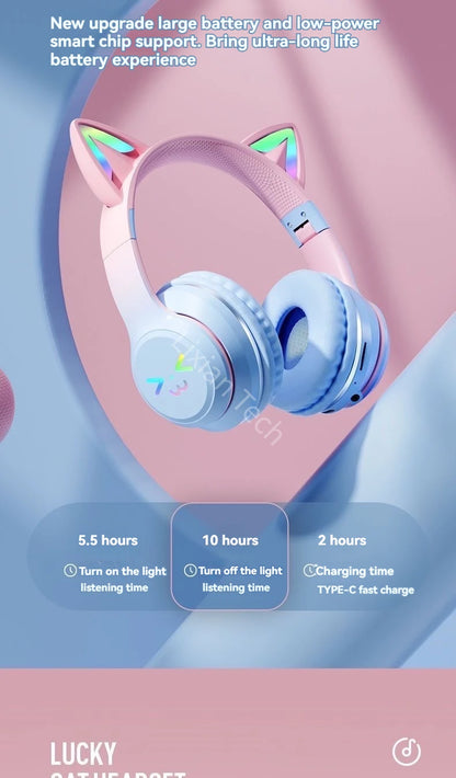 GRB Glow Gaming Headset Gamer Stereo Bass Cat Ear Wireless Earpods Bluetooth Earphones TYPE-C Cable Headphones Blutooth Handfree