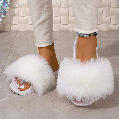 Fashion Fox Fur Slides Women Luxury Designer Summer Sandals Ladies Furry Lazy Slippers Fluffy Flip Flops Shoes Plus Size Shoes