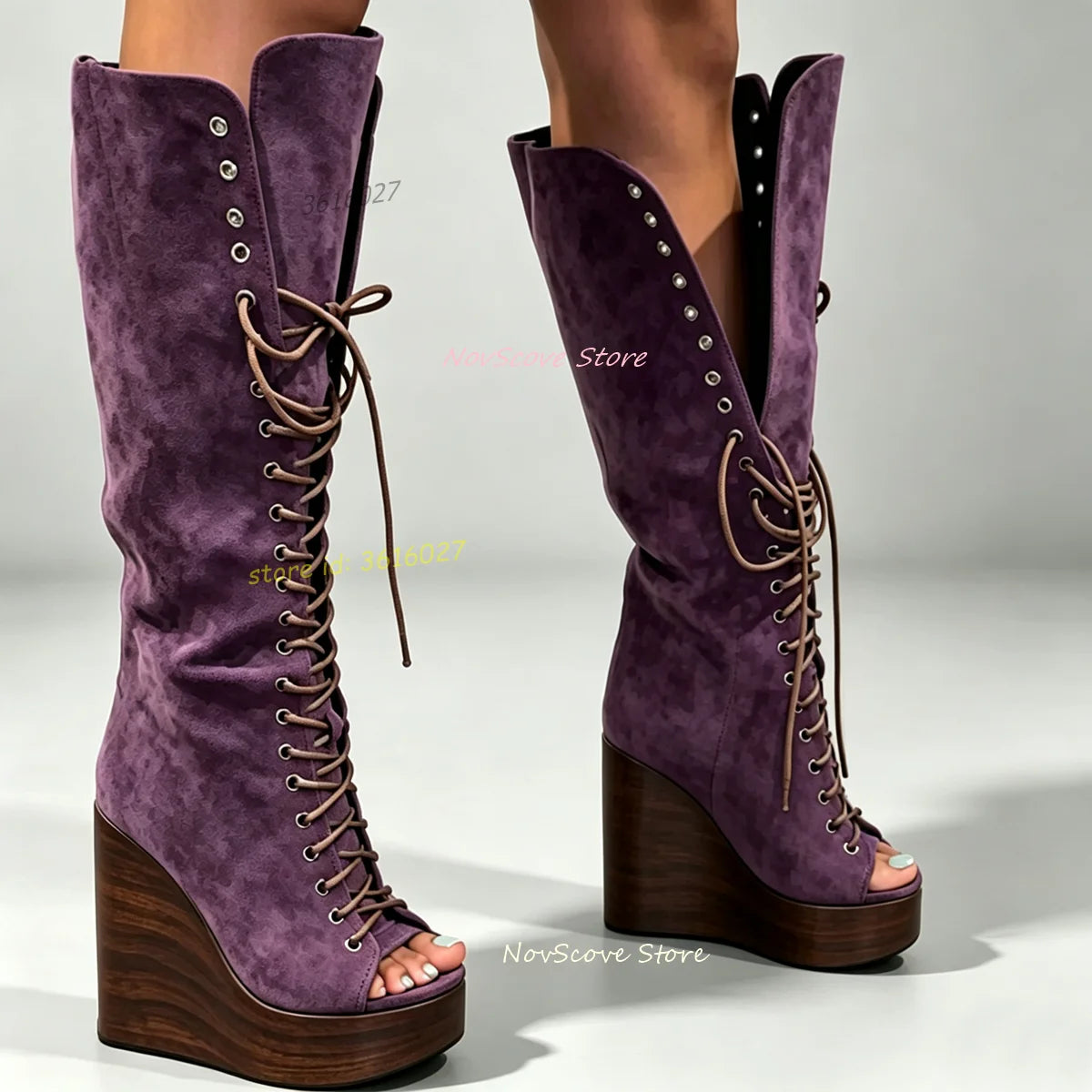 Peep Toe Purple Suede Wedges Knee High Booties Lace Up Faux Wool Pattern Platform Autumn Sexy Women Long Booties Solid Color
