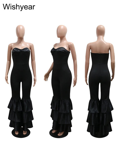 New One Pieces Jumpsuits Women Black Strapless Sleeveless Sexy Rompers Slim Fit Long Ruffles Flare Pant Night Club Even Overalls