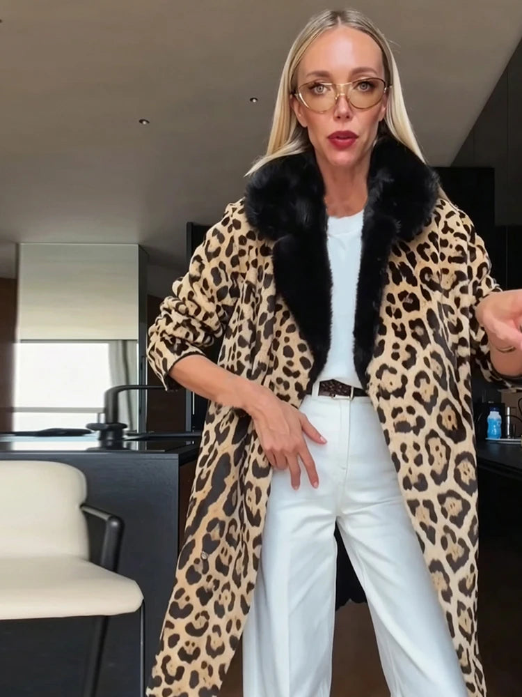 Vintage Leopard Print Coat Women Faux Fur Trim Collar Long Sleeve Loose Mid-length Warm Jacket Club Street Ladies Outerwear
