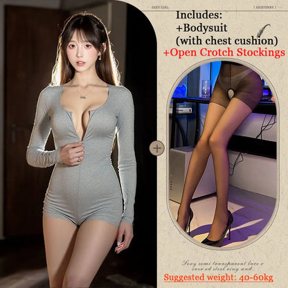 Sexy Short Yoga Open Crotch Bodysuit Long Sleeve Slim Fit Solid Color V-Neck Female Fitness Shorts Low-Cut Zipper Sportwears