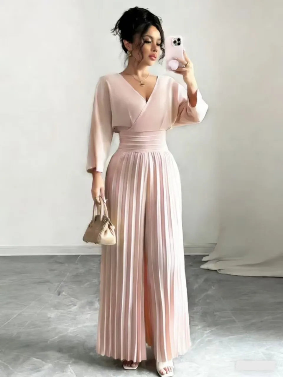 Pleated High Waist Wide Leg Capri Jumpsuits 2026 Trend V Neck Wrap Elegant Women's Palazzos White Three Quarter Long Romper