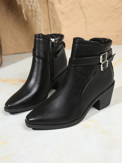 Retro Belt Buckle Women Short Ankle Boots Plus Size 43 Autumn Zipper Soft Leather Square Heel Ladies Pointed Toe Party Shoes New