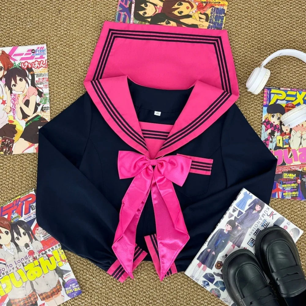 Japanese Dark College Style Rose Red Three Sailor Suit JK School Uniform,Slim Pleated Skirt Set for Campus Daily Graduation Wear