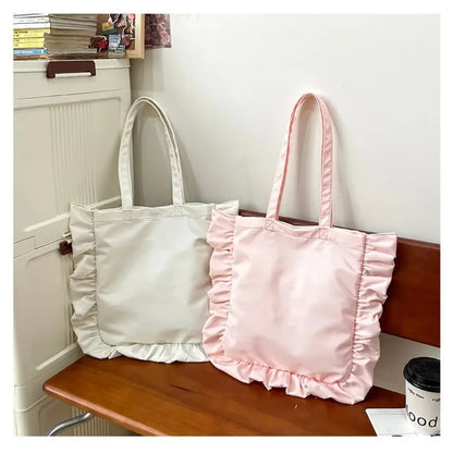 New Elegant Vintage Women Casual Tote Bags French Style Ruffles Shoulder Bag Large Capacity Versatile Handbag