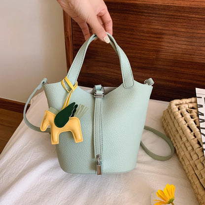 Fashion Vegetable Basket Bucket Bag Women's Autumn New Lychee Pattern Shoulder Bag Simple Solid Color Niche Messenger Bag