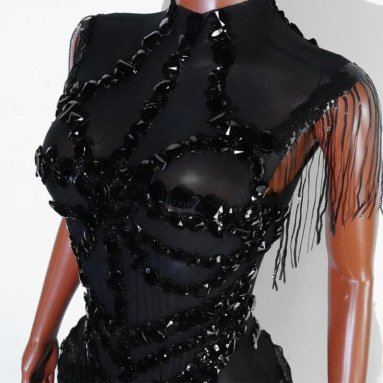 Sexy See-through Glitter Red Crystal Fringe Bodysuit High Elasticity Drag Queen Costume Festivals Outfit NightClub Dance Outfits