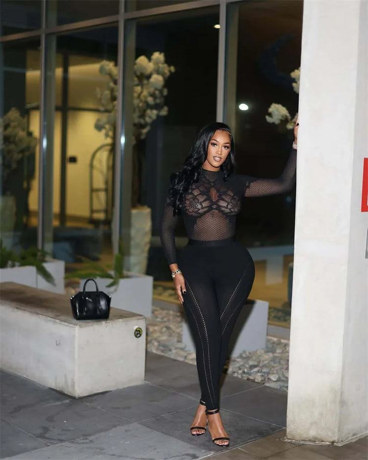 Doyerl Black Bodycon Rompers and Jumpsuits for Woman Long Sleeve See Through Mesh Patchwork Skinny One Piece Catsuit Overalls