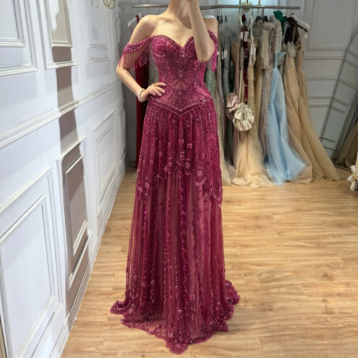 Serene Hill 2026 Luxury Fuchsia Arabic Beaded A-Line Evening Dress With Tassels For Formal Wedding Party BLA73594 Customized