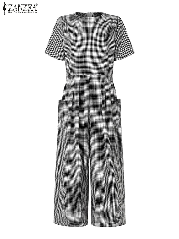 ZANZEA Short Sleeve Checked Wide Leg Overalls Pleated Waist O Neck Loose Casual Gingham Jumpsuits 2024 Fashion Women Long Romper
