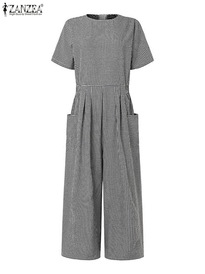 ZANZEA Short Sleeve Checked Wide Leg Overalls Pleated Waist O Neck Loose Casual Gingham Jumpsuits 2024 Fashion Women Long Romper