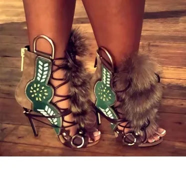 Thin High Heel Peep Toe Design Fluffy Sandals Women Fashion Strap Ankle Feather Sandals Zip Summer Show New Shoes Embroidery