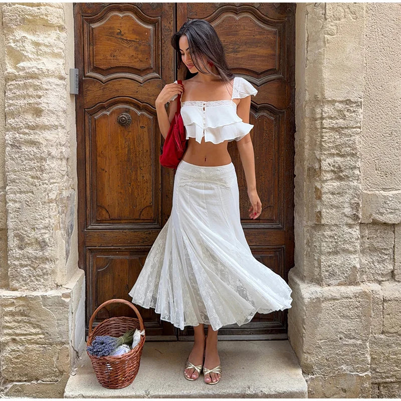 2026 Summer Fashion Square Neck Ruffled Crop Top & Pleated Midi Skirt 2-Piece Set Elegant Boho Resort Vacation Casual Outfits