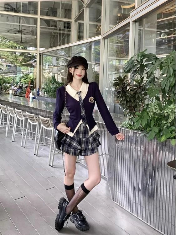 Autumn Korean Style Girl JK  Two Piece Set  high-waisted Plaid Skirt And Faux two-piece Shirt Women Fashionalbe Jk Uniform Set