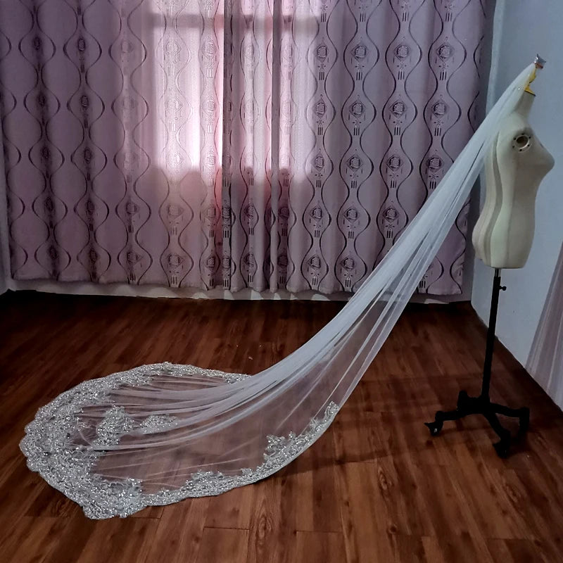 Customized Bridal Sparkling Pearl embroidery Luxury Veil Cathedral with Comb Headcloth Wedding Headwear Accessories