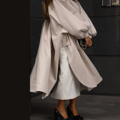 Solid Commute Women's Trench Coat Ovesized Puff Sleeve Single Breasted Long Jacket Lapel Side Slit 2026 New Autumn Lady Outwear
