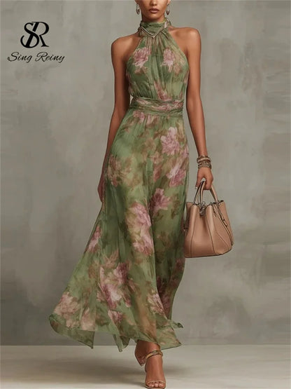 SINGREINY Elegant Green Floral Halter Chiffon Maxi Dresses Trendy Sleeveless A-line 2026 Women Floral Wedding Guest Party Dress